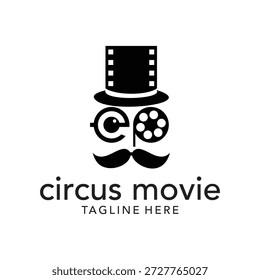 Design de logotipo criativo com um personagem cavalheiro vintage com chapéu, óculos e bigode dentro de um quadro de tira de filme. Adequado para produção de filmes, estúdio de cinema, criador de vídeo, marca de cinema, empresa de mídia, negócios de entretenimento, estúdio criativo e conceito de marca retro. Ilustração de vetor em preto e branco limpo com estilo minimalista e profissional