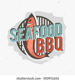 Creative logo design with grilled fish. Vector illustration with salmon silhouette designed for label or emblem to restaurant menu, bistro, bbq house or pizzeria.
