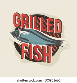 Creative logo design with grilled fish silhouette. Vector illustration designed for label or emblem to restaurant menu, bistro, bbq house or pizzeria.