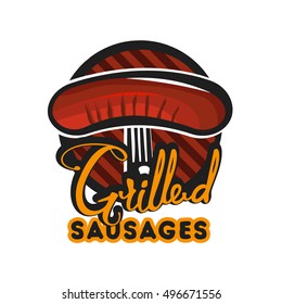 Creative logo design with grilled sausages. Vector illustration. Designed to label, emblem or badge for bbq house, menu design.