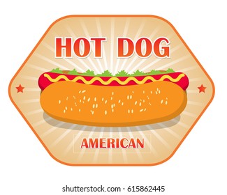 Creative logo design with hot dog. Vector illustration. Designed for label, emblem or badge to bbq house, fastfood menu or snack bar.