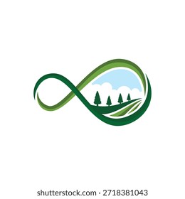 Design de logotipo criativo de um símbolo infinito com uma paisagem cênica de colinas verdes e árvores. Representa a natureza interminável, a sustentabilidade e o ar livre.
