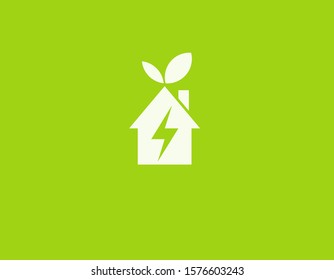 Creative logo design minimalistic sign house leaves plants and lightning for your company alternative energy