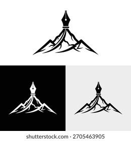 Diseño de logotipo creativo con ilustración de montaña y pluma