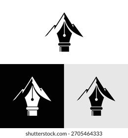 Diseño de logotipo creativo con ilustración de montaña y pluma