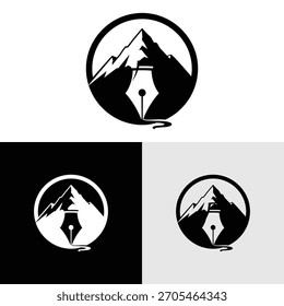 Diseño de logotipo creativo con ilustración de montaña y pluma