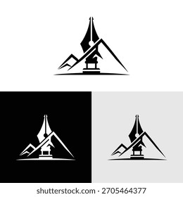 Design de logotipo criativo com ilustração de montanha e caneta