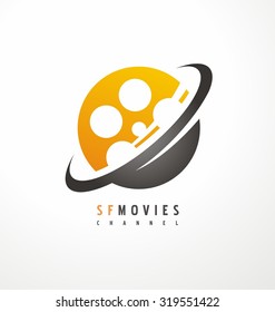 Creative logo design for movie and television industry. Unique symbol template with planet and film roll. Corporate icon layout.