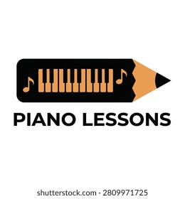 Creative logo design for piano lessons featuring a pencil shape integrated with keyboard keys and music notes. Perfect for music schools, teachers, and education.