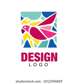 Creative logo design with pink tropical bird parrot . Abstract icon in rectangular shape. Colorful vector design for business card, environmental placard or print