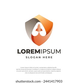Creative logo design. Shield with rocket launch icon logo design vector illustration