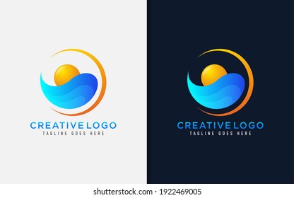 Creative Logo Design with Sun and Sea Wave Concept. Vector Logo Illustration.