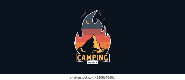 Una plantilla creativa de diseño de logotipo con el colorido icono de fuego manipulado con la montaña. Un diseño de logotipo de camping. Un logo pintoresco y colorido para acampar y senderismo. Diseño de logotipo de viajes con fogata