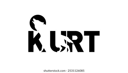 Creative logo design for the word "Kurt," featuring a howling wolf silhouette integrated within the full moon.