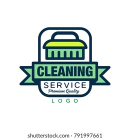 Creative logo, emblem, badge or label with cleaning brush and decorative ribbon. Maid or car wash service. Simple vector icon in linear style with green fill