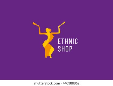 Creative logo ethnic shop. Dancing girl with fans