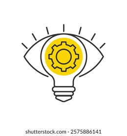 Creative logo with eye, gear and a light bulb icon as an idea symbol. Innovative, smart solution, vision sign.