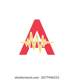 Um logotipo criativo com a letra A com batimento cardíaco amarelo ou onda sonora, ideal para uma marca médica, de saúde, de som ou relacionada à música.
