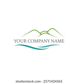 A creative logo featuring stylized green mountain outlines and flowing blue water, representing nature, peace, and professionalism. 