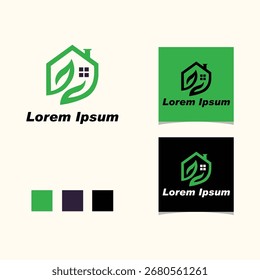Um logotipo criativo de uma casa embalada por mãos com uma folha, ideal para imóveis ecológicos ou construção, simbolizando casa, natureza e cuidado