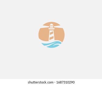Creative logo icon of blue and orange colors lighthouse and sea inside a circle for your company