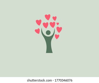 Símbolo del logo creativo silueta árbol, tronco en forma de hombre y corazón en lugar de hojas