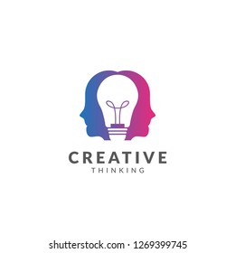 Creative logo or icon vector design template, head thinking with light bulb and head people, gradient color