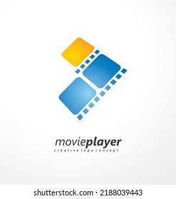 Creative logo idea for media player or movie channel with play button made of film strip. Vector symbol.