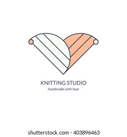 Creative logo for knitting studio, handmade shop, needlework business. Skein of yarn, knitting needles and heart silhouette. Vector illustration