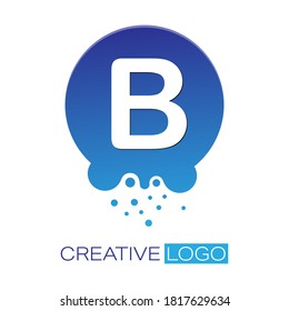 Logo creativo. La letra B en un punto redondo con salpicaduras. Ilustración vectorial para logotipo, pegatina, marca, pegatina aislada en fondo blanco.