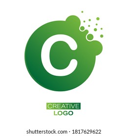 Creative logo. The letter C on a round dot with splashes. Vector illustration for logo, sticker, brand, sticker isolated on white background.