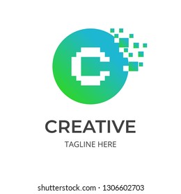 Creative logo with letter C. Pixel and dots style