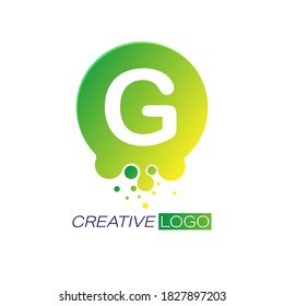 Creative logo. The letter G on a round dot with splashes. Vector illustration for logo, sticker, brand, sticker isolated on white background.