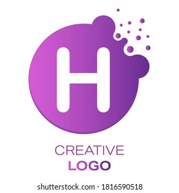 Logo creativo. La letra H en un punto redondo con salpicaduras. Ilustración vectorial para logotipo, pegatina, marca, pegatina aislada en fondo blanco.