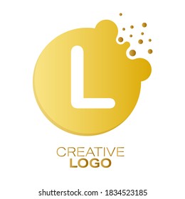 Creative logo. The letter L on a round dot with splashes. Vector illustration for logo, sticker, brand, sticker isolated on white background.