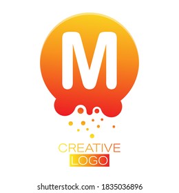 Creative logo. The letter M on a round dot with splashes. Vector illustration for logo, sticker, brand, sticker isolated on white background.