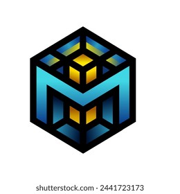 Creative logo. Letter M with shiny lantern in the blue box logo design illustration