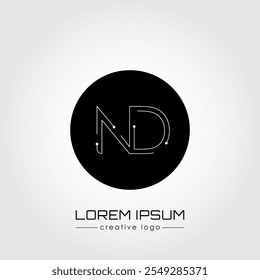 El logotipo creativo es la letra N y D. Un elemento de diseño de un logotipo, tarjeta de visita, signo corporativo o monograma. La idea de un diseño temático