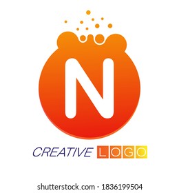 Creative logo. The letter N on a round dot with splashes. Vector illustration for logo, sticker, brand, sticker isolated on white background.