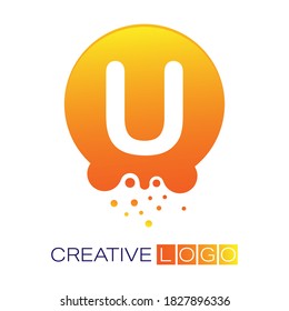 Logo creativo. La letra U en un punto redondo con salpicaduras. Ilustración vectorial para logotipo, pegatina, marca, pegatina aislada en fondo blanco.