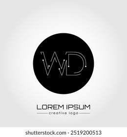 El logotipo creativo es la letra W y D. Un elemento de diseño de un logotipo, tarjeta de visita, signo corporativo o monograma. La idea de un diseño temático