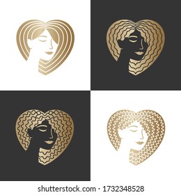 Creative logo for makeup, beauty, fashion and hairstyle related business. Beautiful woman's faces with loose straight, wavy, curly, kinky hair on a head into the shape of a heart. Vector illustration.