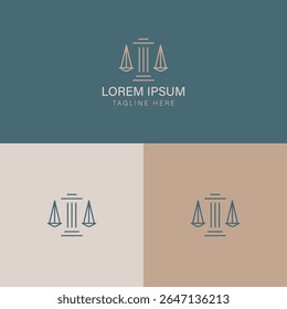 Um logotipo criativo que mescla o design de uma escala com um pilar do tribunal em um estilo geométrico que reflete estabilidade e justiça. A escala simboliza justiça e equilíbrio, enquanto o tribunal pilla
