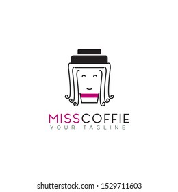 creative logo miss coffie, beautiful girl with coffee mug vector