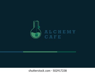 Creative logo on alchemy and unusual cafe.A flask with tea bag