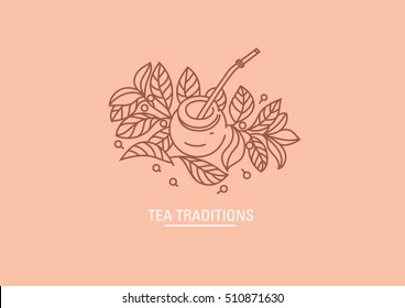 Creative Logo on tea traditions. Tea leaves and tea mate