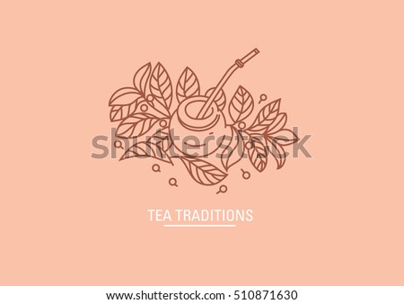 Creative Logo on tea traditions. Tea leaves and tea mate