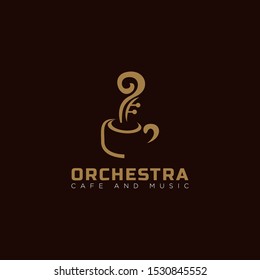 creative logo orchestra, for music and cafe with cup and smoke like a string vector