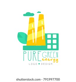 Creative logo original design template with eco factory, clouds and leaf. Alternative pure solution energy, renewable electricity production industry. Flat vector
