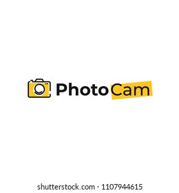 Creative logo with photo camera. Sign for the photographer. Black line with yellow background flat modern logotype